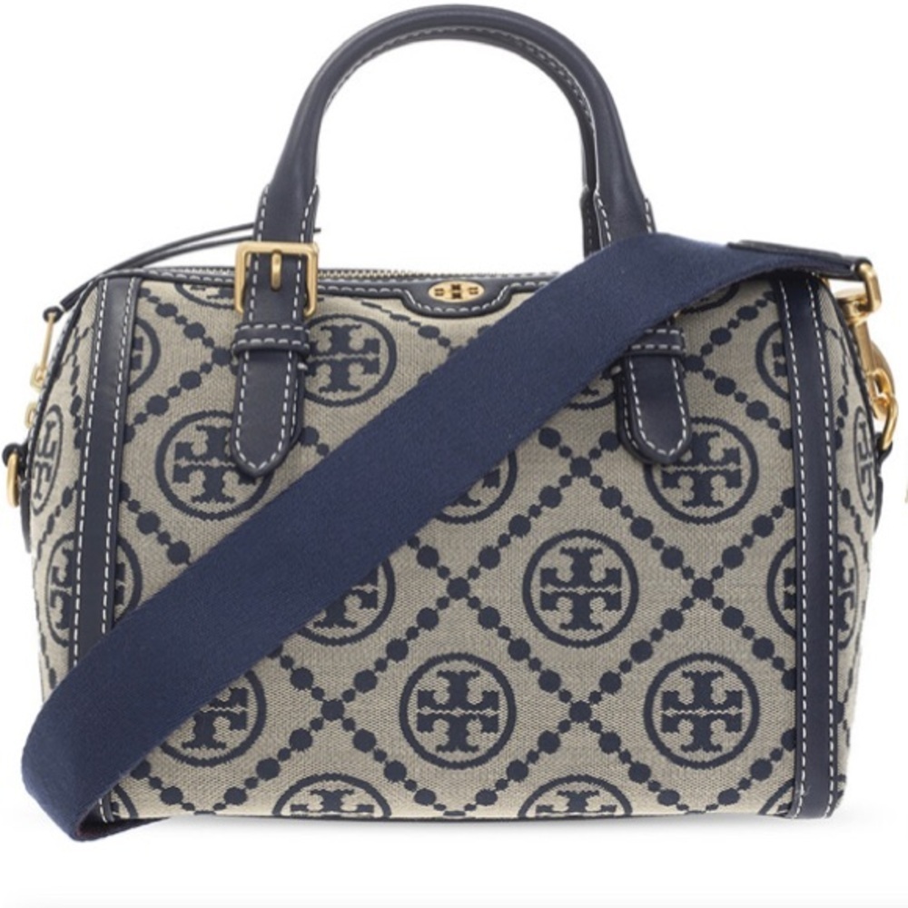 Tory Burch Tory Navy T Logo Monogram Jacquard Barrel Bag- $498 Sold Out!! - Picture 2 of 10